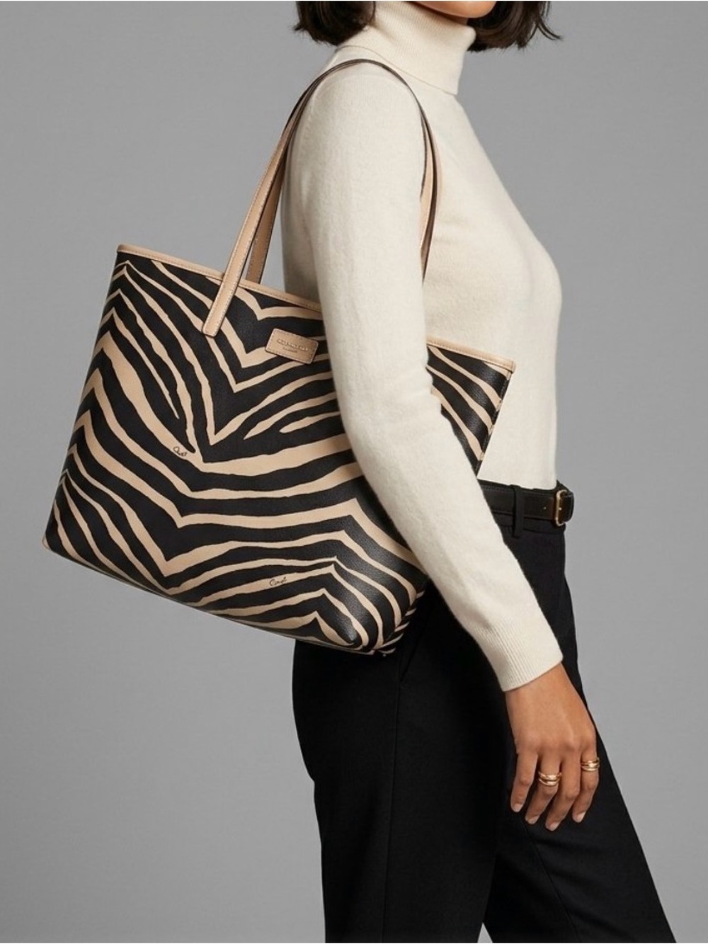 Coach Black & Beige Zebra Print PVC Park Metro Tote Bag Authentic